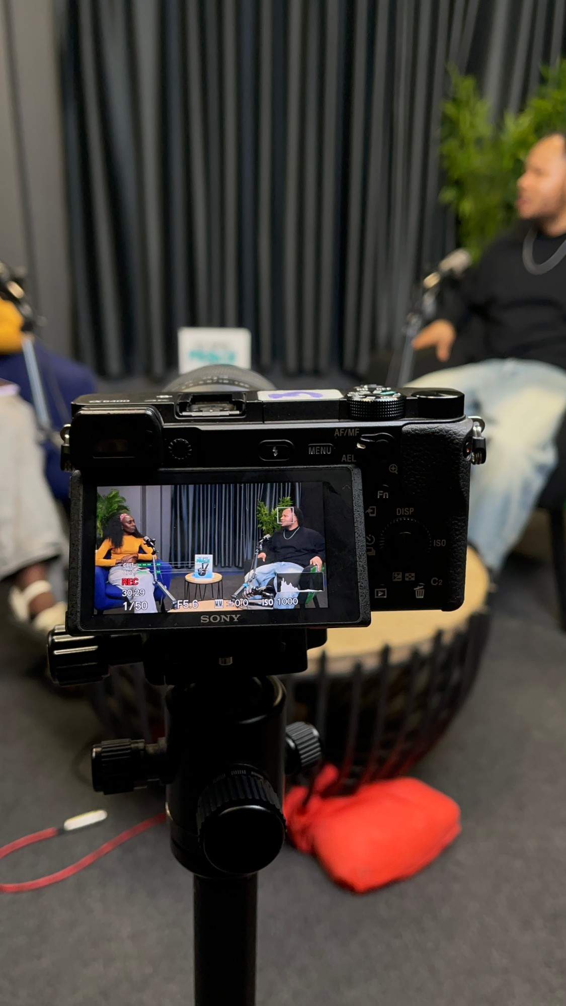 Recording an episode of The Reading Room: the camera monitor shows the guests in the studio