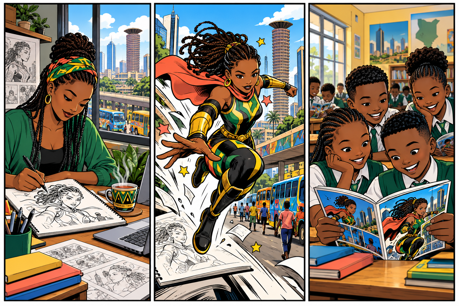 Three demonstration comic panels showing a young creator finding a story in Nairobi